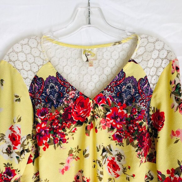 Fig and Flower Women's Plus Size 1X Floral Yellow Boho Peasant Blouse Top - Picture 2 of 7